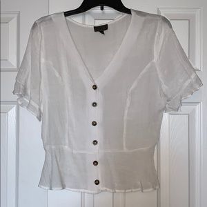 White Button Up Peplum Blouse w/Ruffle Sleeve